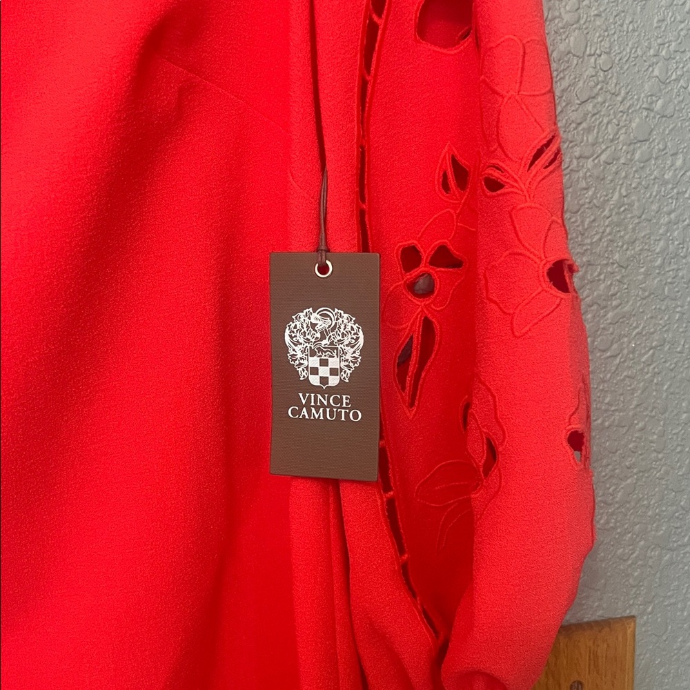 NWT Vince Camuto coral/red Eyelet Sleeve Shift Dress Puff Sleeve Mini ~ Size 2 - Picture 4 of 10